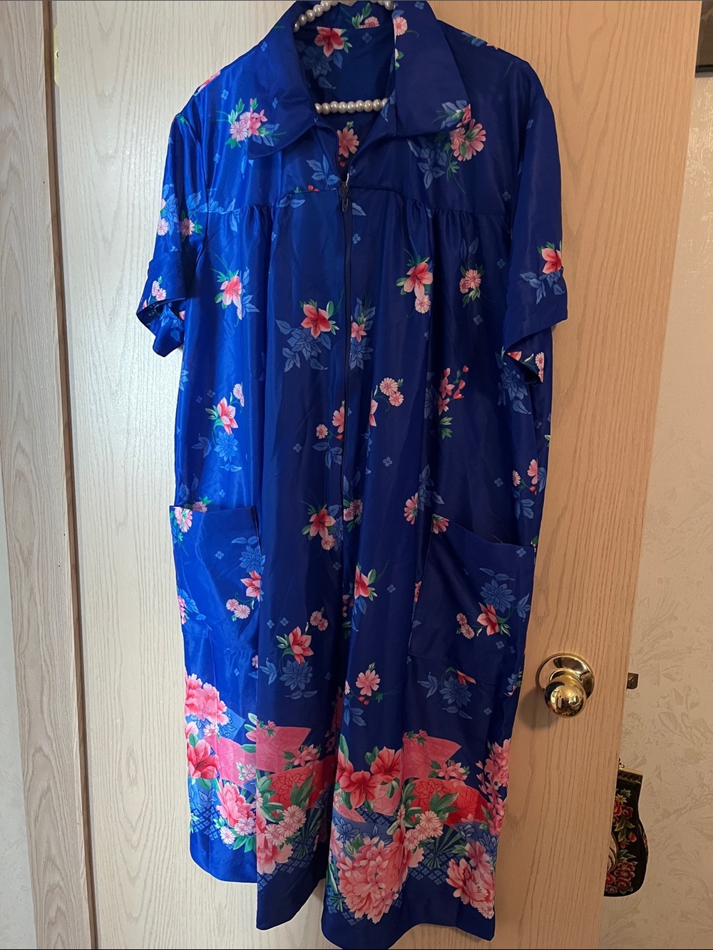 Blue Floral Zipper Housecoat